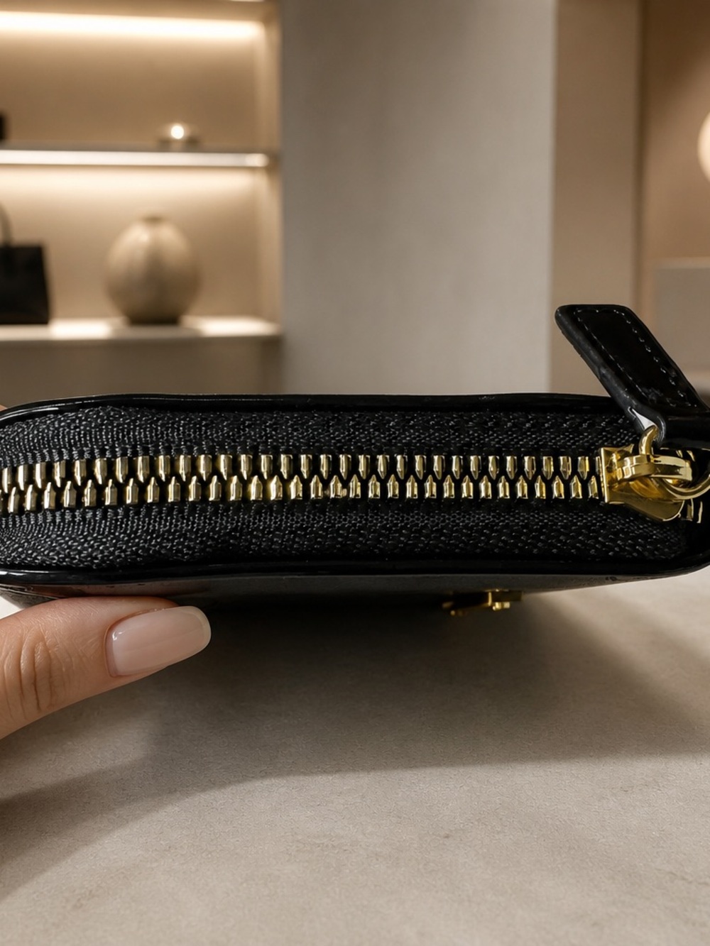 Betsey Johnson Black Patent Zip-Around Wallet with Gold Plate - Picture 6 of 6